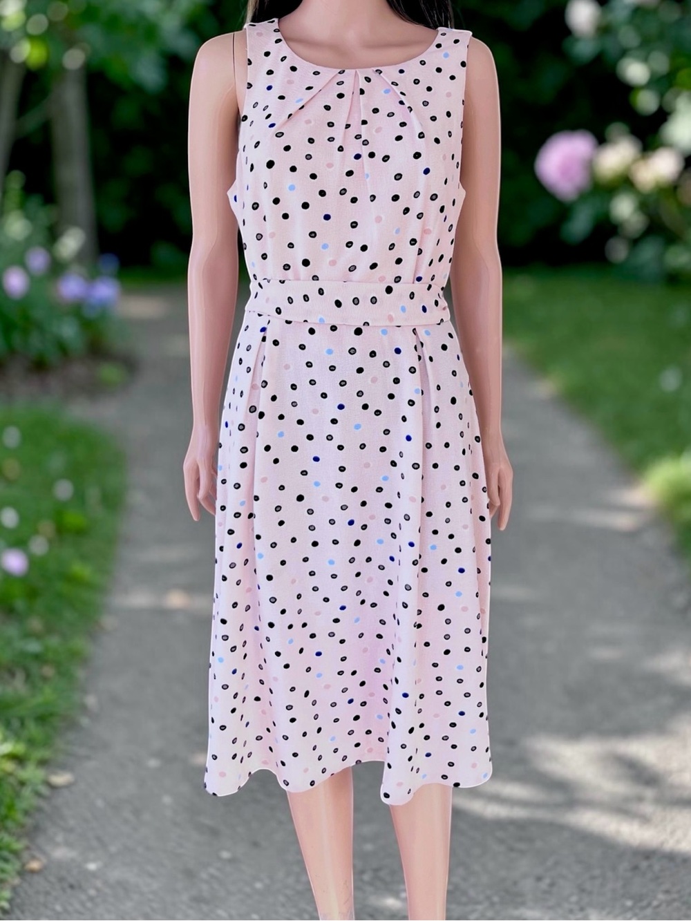 Elle Pink Polka Dot Midi Dress Size 10 Sleeveless Tie Waist Fit Flare